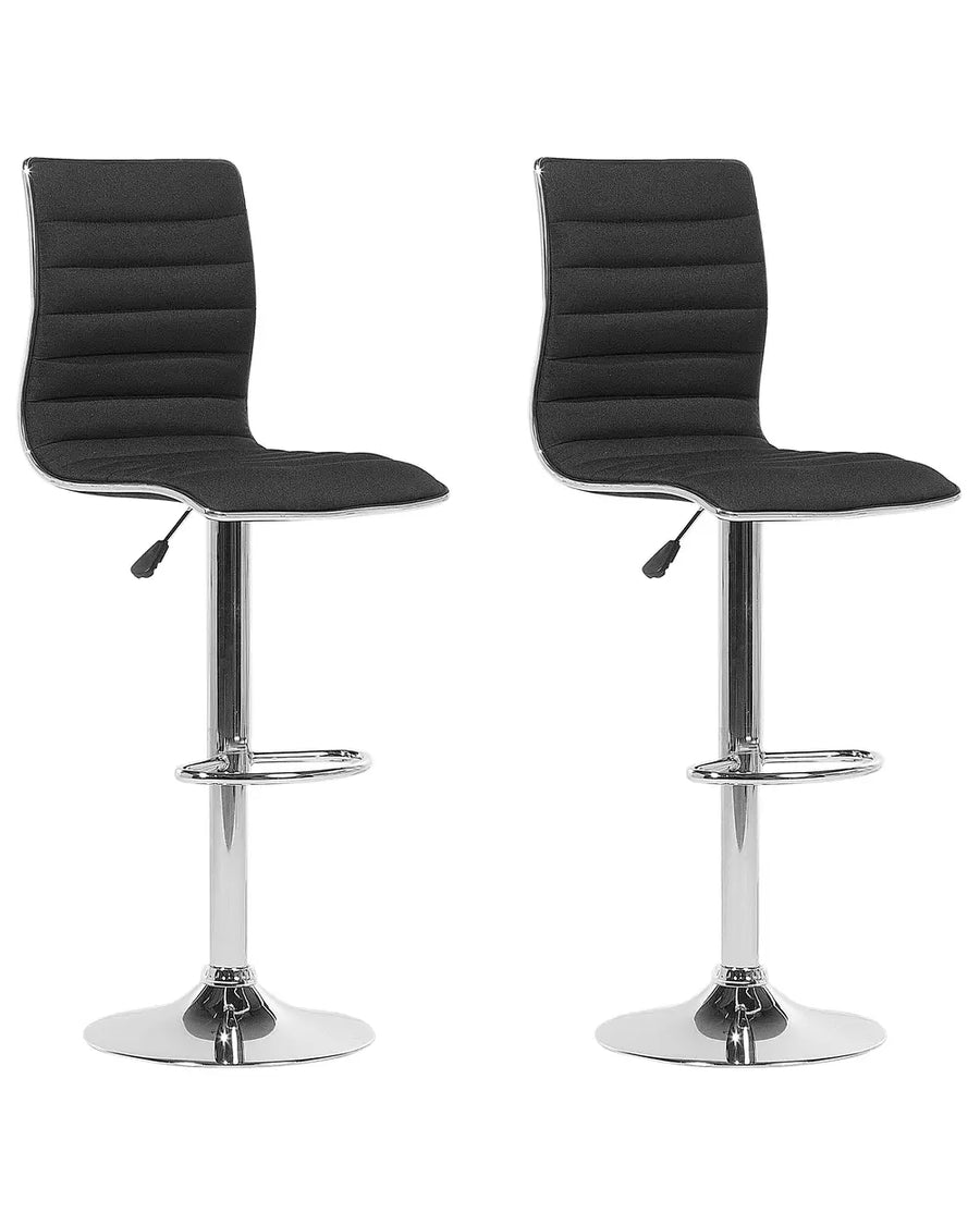 Two black bar stools with chrome bases on a white background