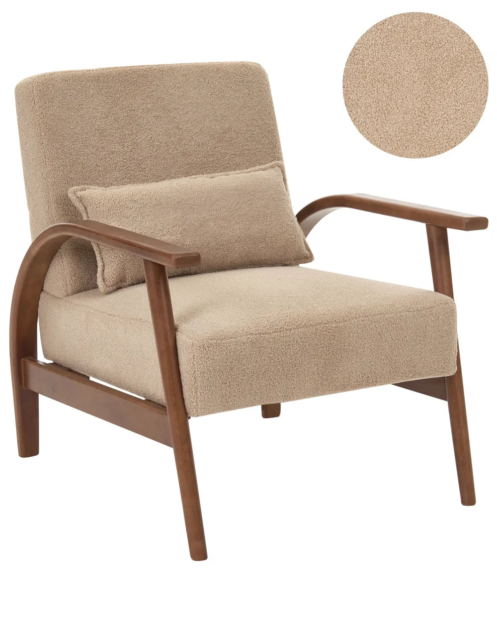 A mid-century modern accent chair with beige bouclé upholstery and a dark brown wooden frame, shown with a matching throw pillow and a circular fabric swatch inset in the top right.