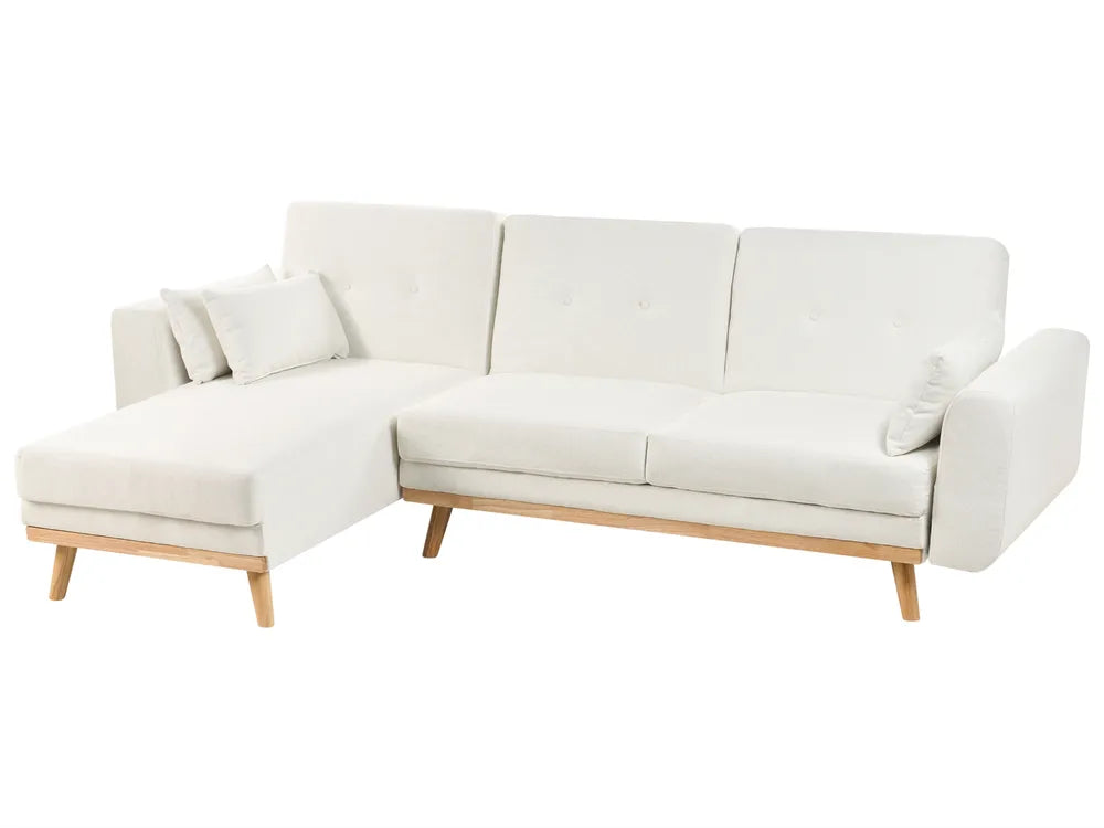 A modern L-shaped sectional sofa upholstered in off-white fabric with light natural wood legs, shown on a plain white background.