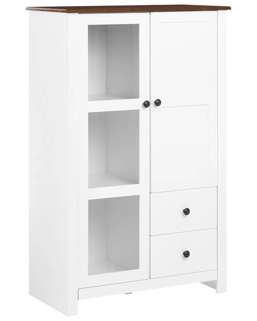 A white wooden cabinet with a dark brown wood-look top, featuring two doors with small black knobs, two open shelves on the left, and two drawers on the right.