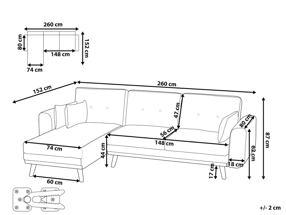 Corner Sofa Bed 3 Seater Fabric White Right Hand Reggis