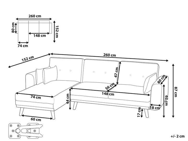 Corner Sofa Bed 3 Seater Fabric White Right Hand Reggis