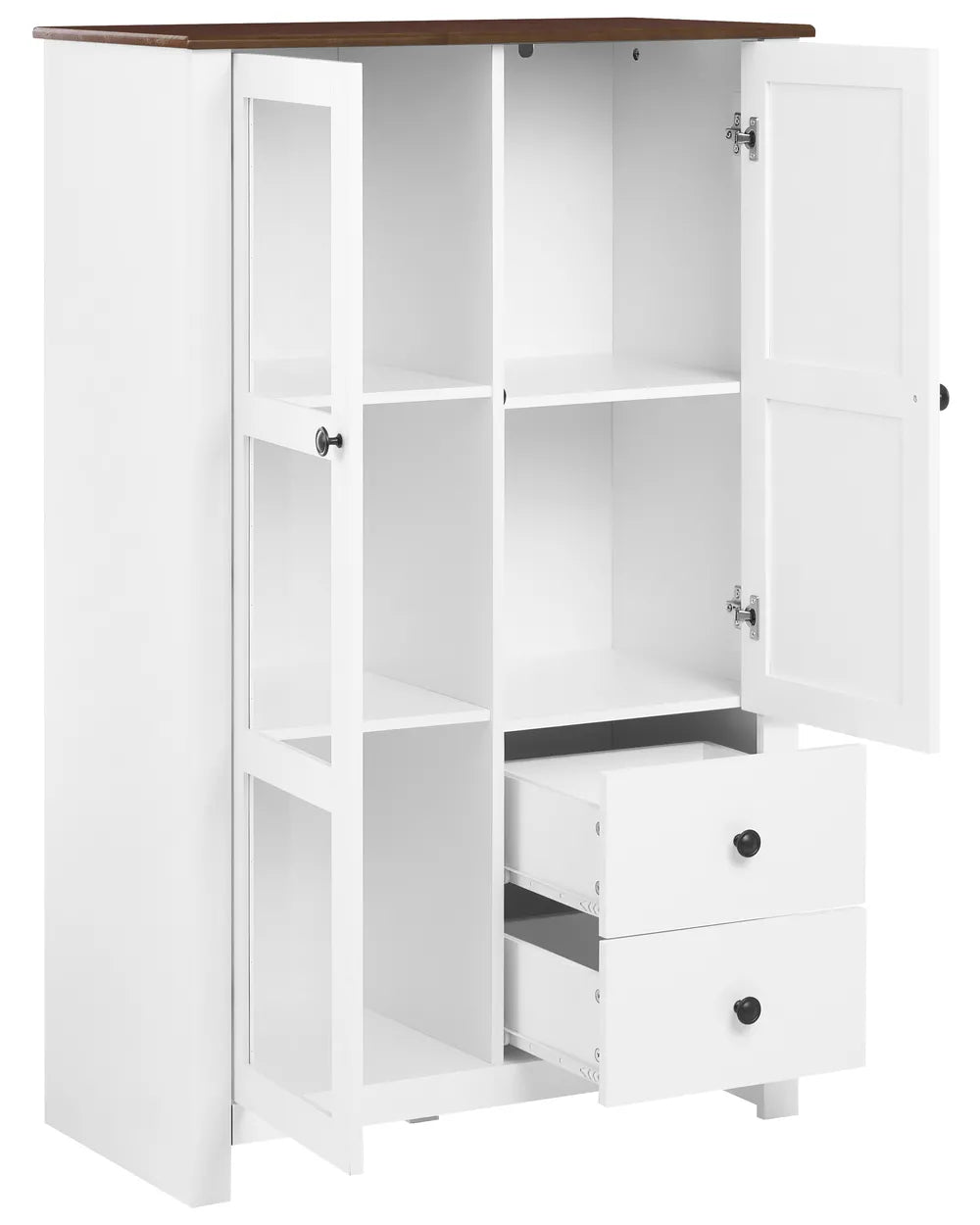 A tall white storage cabinet with a dark brown wood-look top, two open doors, open shelving compartments, and two pull-out drawers with black knobs, shown on a white background.