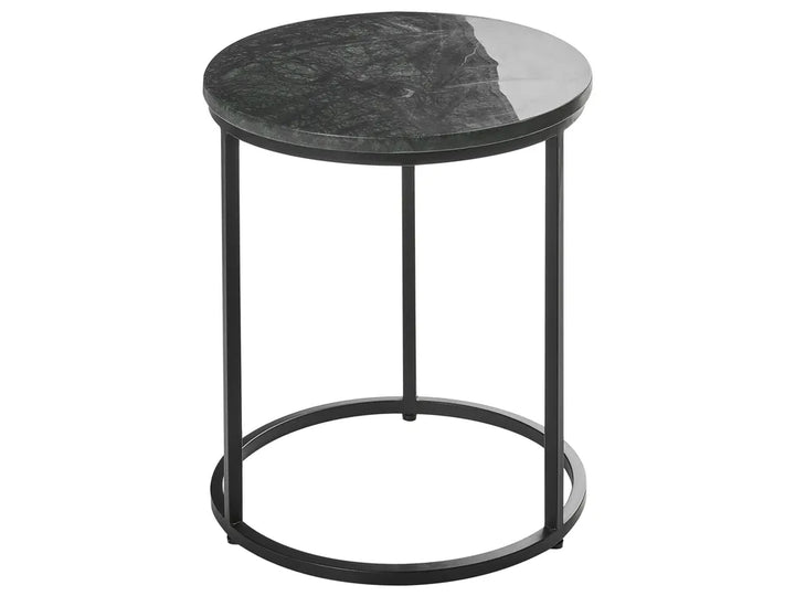 Small round side table with marble top and black metal frame on a white background