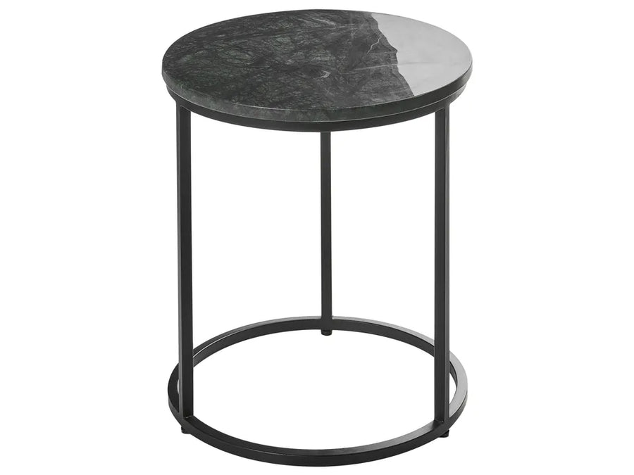 Small round side table with marble top and black metal frame on a white background