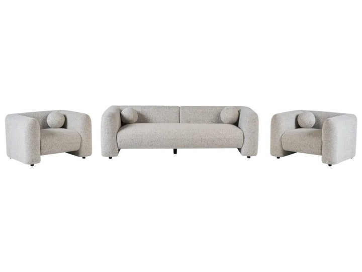 A three-piece light beige upholstered sofa set featuring a three-seat sofa in the center and two matching armchairs on either side, all shown against a plain white background.
