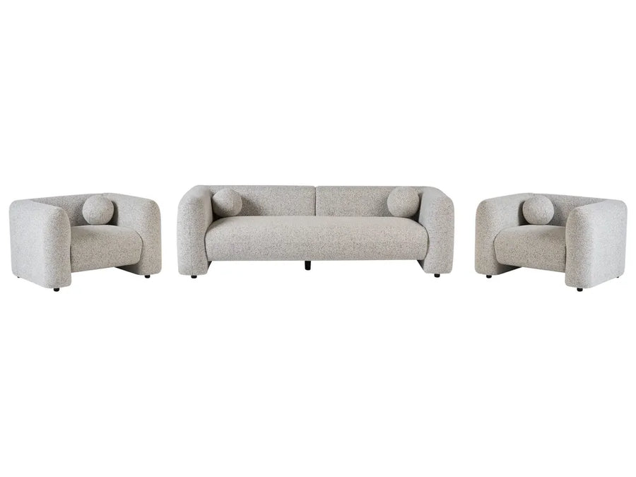 A three-piece light beige upholstered sofa set featuring a three-seat sofa in the center and two matching armchairs on either side, all shown against a plain white background.
