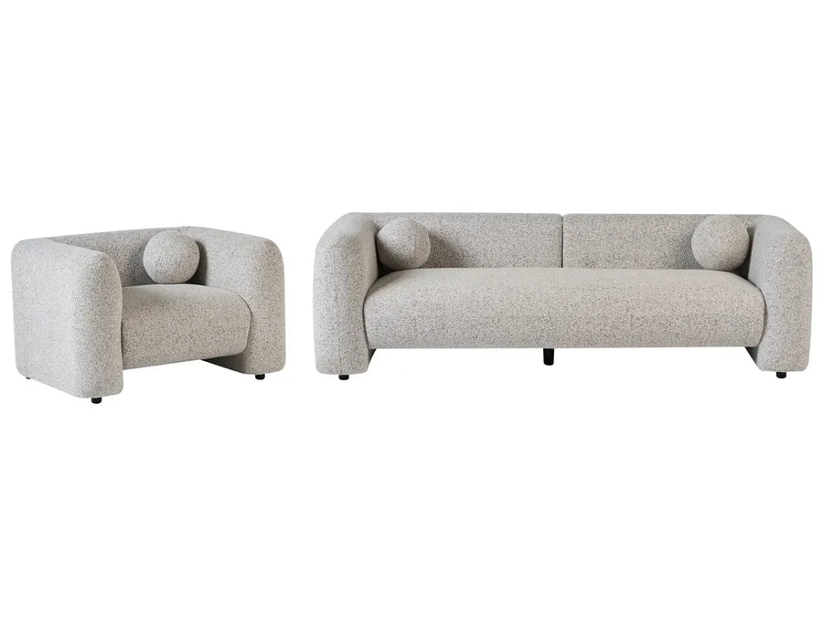 A light beige textured fabric armchair and matching three-seater sofa set, both featuring rounded block arms and circular back cushions, shown against a plain white background.