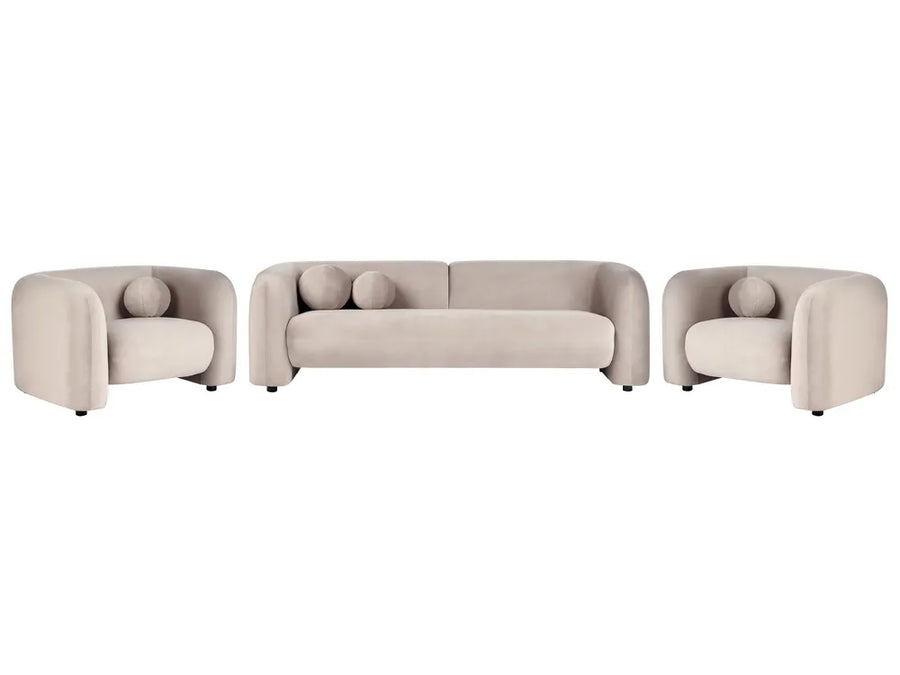 A three-piece upholstered seating set featuring a curved three-seat sofa flanked by two matching armchairs, all in a light warm beige fabric with round accent pillows, shown on a plain white background.