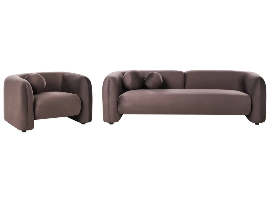 A modern two-piece sofa set consisting of a three-seat sofa and a matching armchair, upholstered in a textured taupe-brown fabric with rounded, sculptural arms and back cushions, shown against a plain white background.