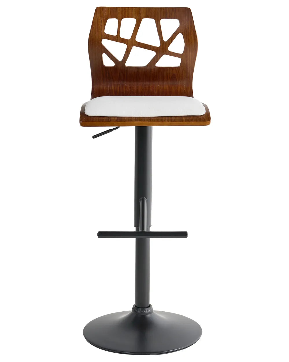 A modern bar stool with a dark brown wood geometric-patterned backrest, a white upholstered seat, and a black adjustable pedestal base with a footrest.