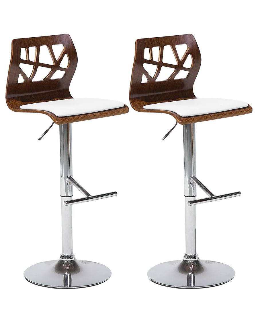 Two modern bar stools with curved dark wood seats, white upholstered cushions, and adjustable chrome metal bases on a plain white background.