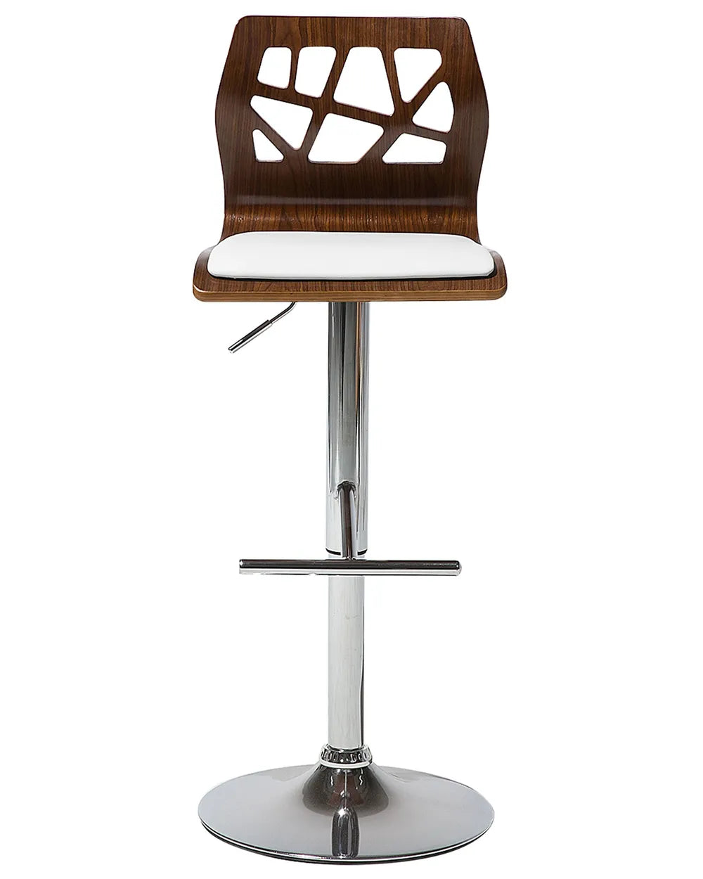 A modern bar stool with a dark brown wood grain seat and backrest featuring geometric cutouts, a white upholstered seat cushion, and a chrome adjustable pedestal base with a circular footrest.