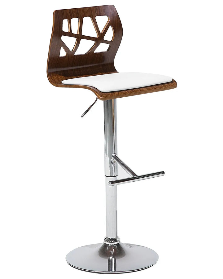 Bar stool with wooden backrest and white seat on a white background
