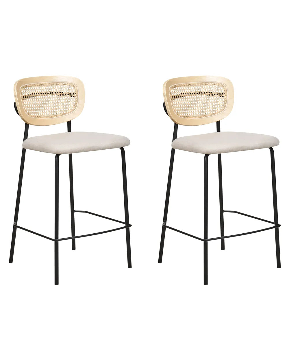 Two modern bar stools with light beige upholstered seats, natural wood cane backs, and black metal legs, shown on a plain white background.
