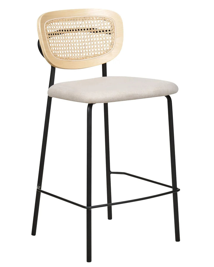 Bar stool with wicker backrest and white seat on a white background