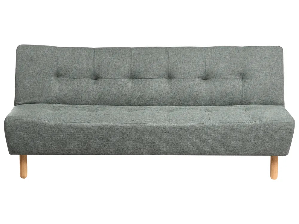 A modern gray fabric futon sofa with a tufted backrest and light wood legs, shown against a plain white background.