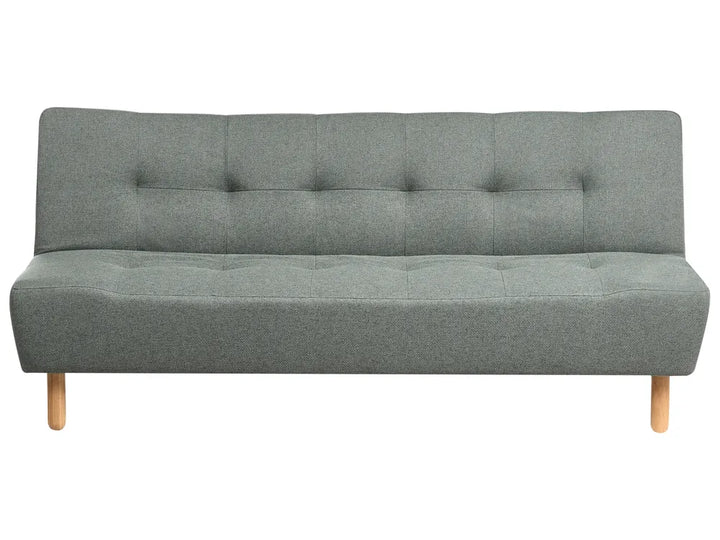 A modern gray fabric futon sofa with a tufted backrest and light wood legs, shown against a plain white background.