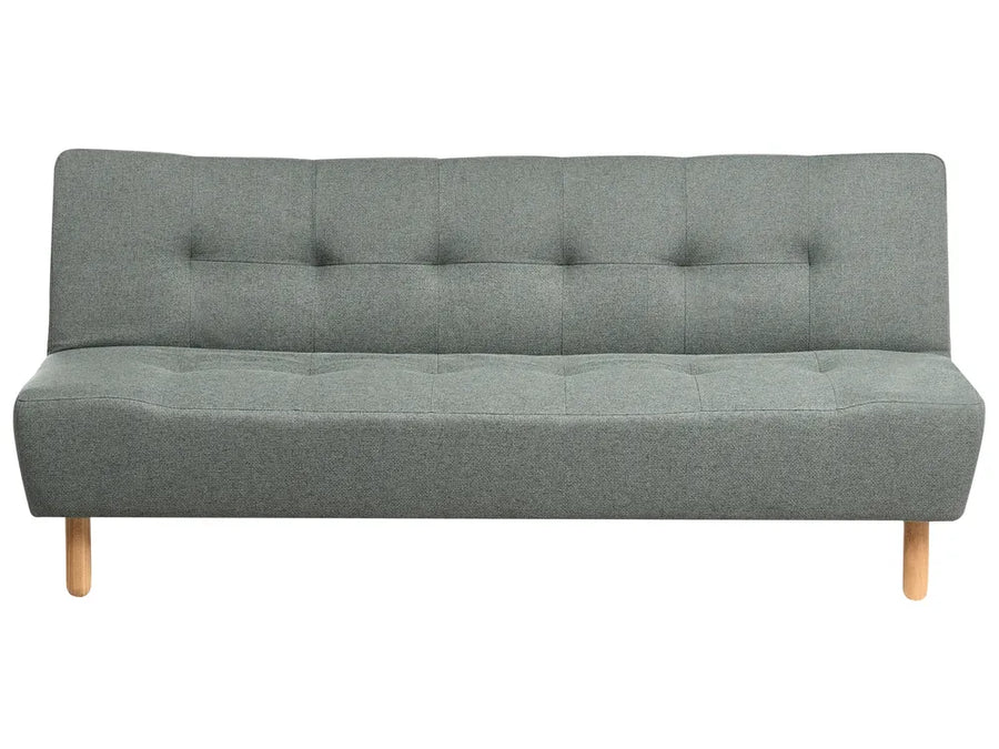 A modern gray fabric futon sofa with a tufted backrest and light wood legs, shown against a plain white background.