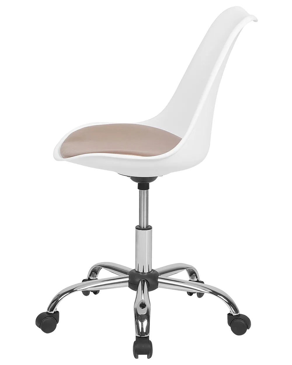 A modern office chair with a white molded plastic shell, a light beige upholstered seat, a chrome five-star base, and black casters, shown against a plain white background.