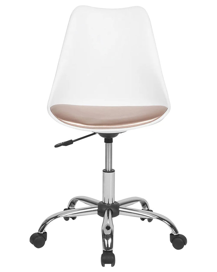 A modern office chair with a white molded plastic shell, a blush pink padded seat, and a chrome five-star base with black casters, shown against a plain white background.