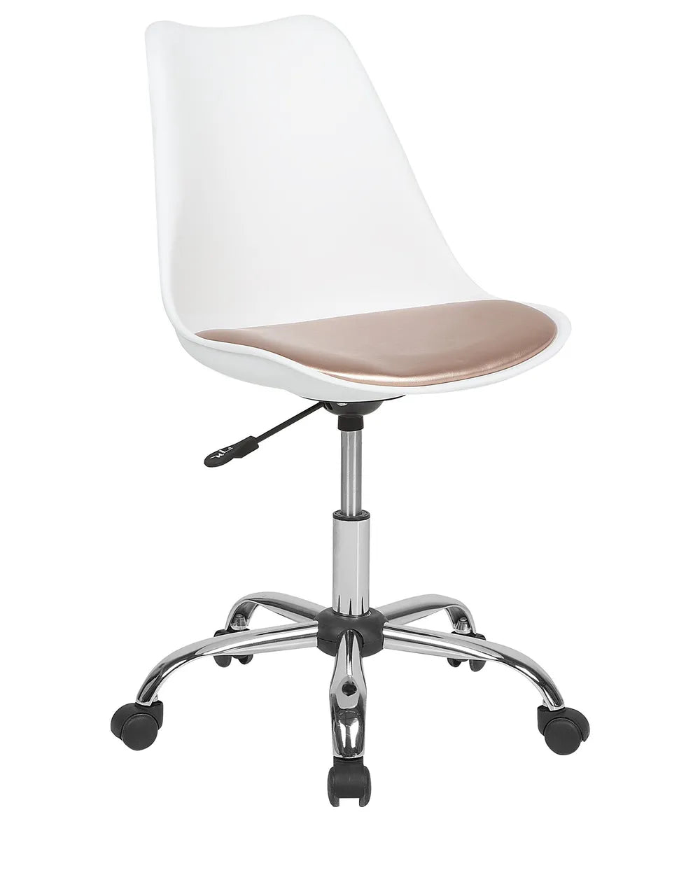 A modern office chair with a white molded plastic shell, a light beige seat cushion, and a chrome five-star base with black casters.
