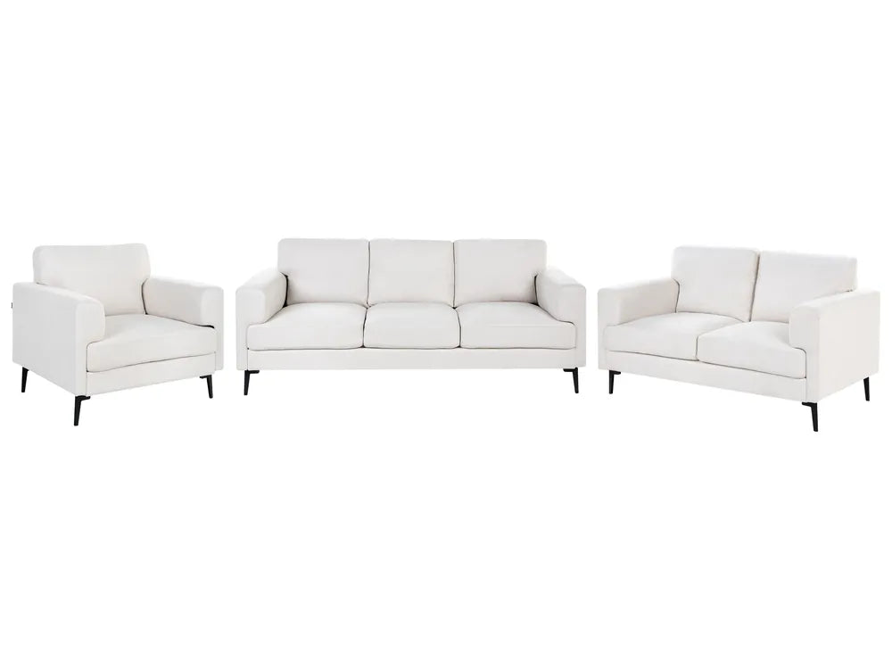 A three-piece modern living room furniture set in off-white leather, including a three-seat sofa, a two-seat loveseat, and a single armchair, all with slim black legs, shown against a plain white background.