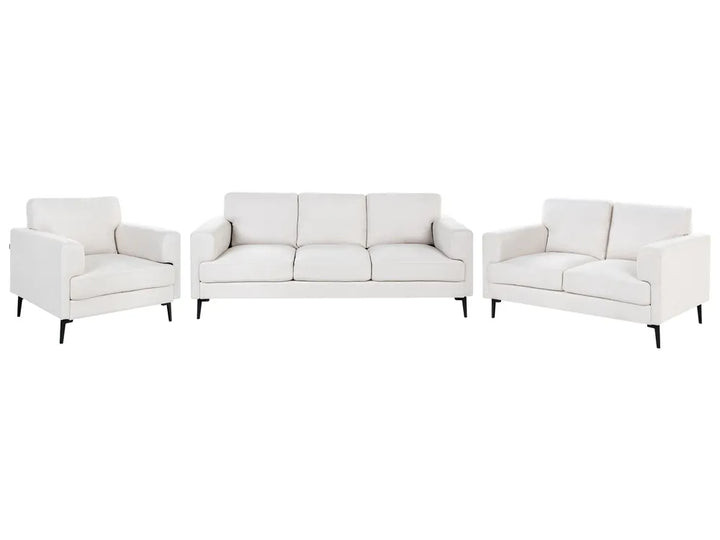 A three-piece modern living room furniture set in off-white leather, including a three-seat sofa, a two-seat loveseat, and a single armchair, all with slim black legs, shown against a plain white background.