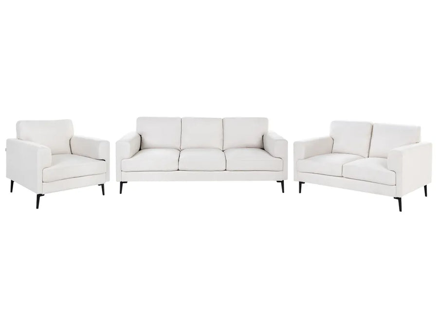A three-piece modern living room furniture set in off-white leather, including a three-seat sofa, a two-seat loveseat, and a single armchair, all with slim black legs, shown against a plain white background.