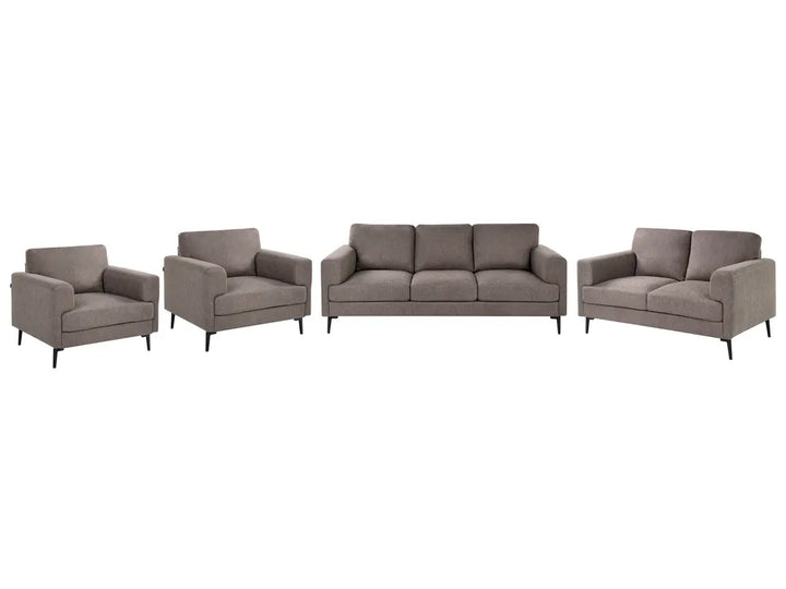 A 4-piece upholstered living room furniture set in a warm taupe gray, including a three-seater sofa, a two-seater loveseat, two armchairs, and slim black legs, shown on a plain white background.