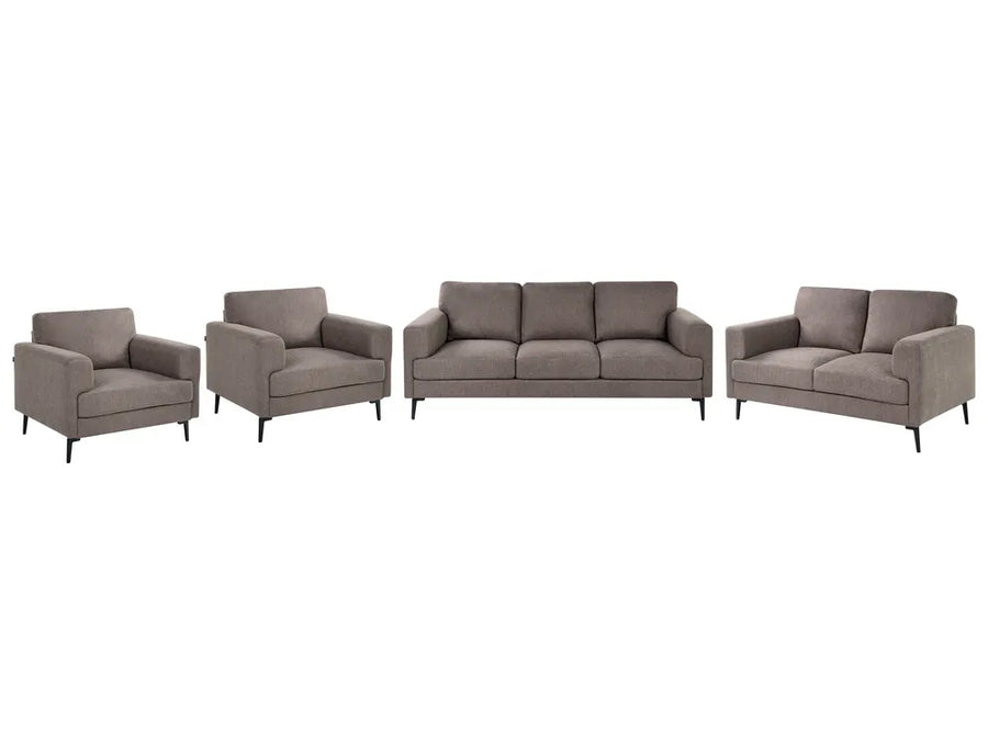 A 4-piece upholstered living room furniture set in a warm taupe gray, including a three-seater sofa, a two-seater loveseat, two armchairs, and slim black legs, shown on a plain white background.