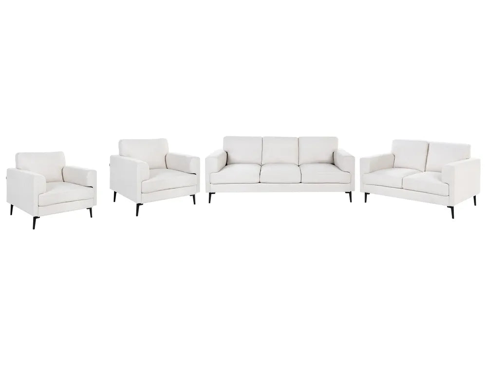 A 4-piece white leather sofa set including a three-seater sofa, a two-seater loveseat, and two matching armchairs with slim black legs, shown against a plain white background.