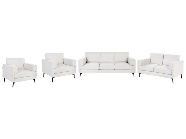 A 4-piece white leather sofa set including a three-seater sofa, a two-seater loveseat, and two matching armchairs with slim black legs, shown against a plain white background.