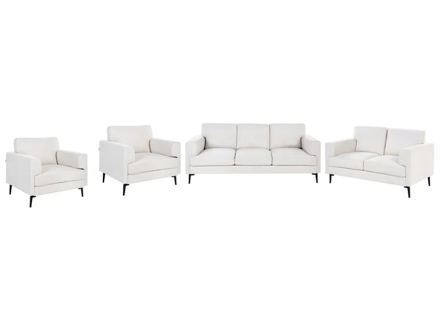 A 4-piece white leather sofa set including a three-seater sofa, a two-seater loveseat, and two matching armchairs with slim black legs, shown against a plain white background.