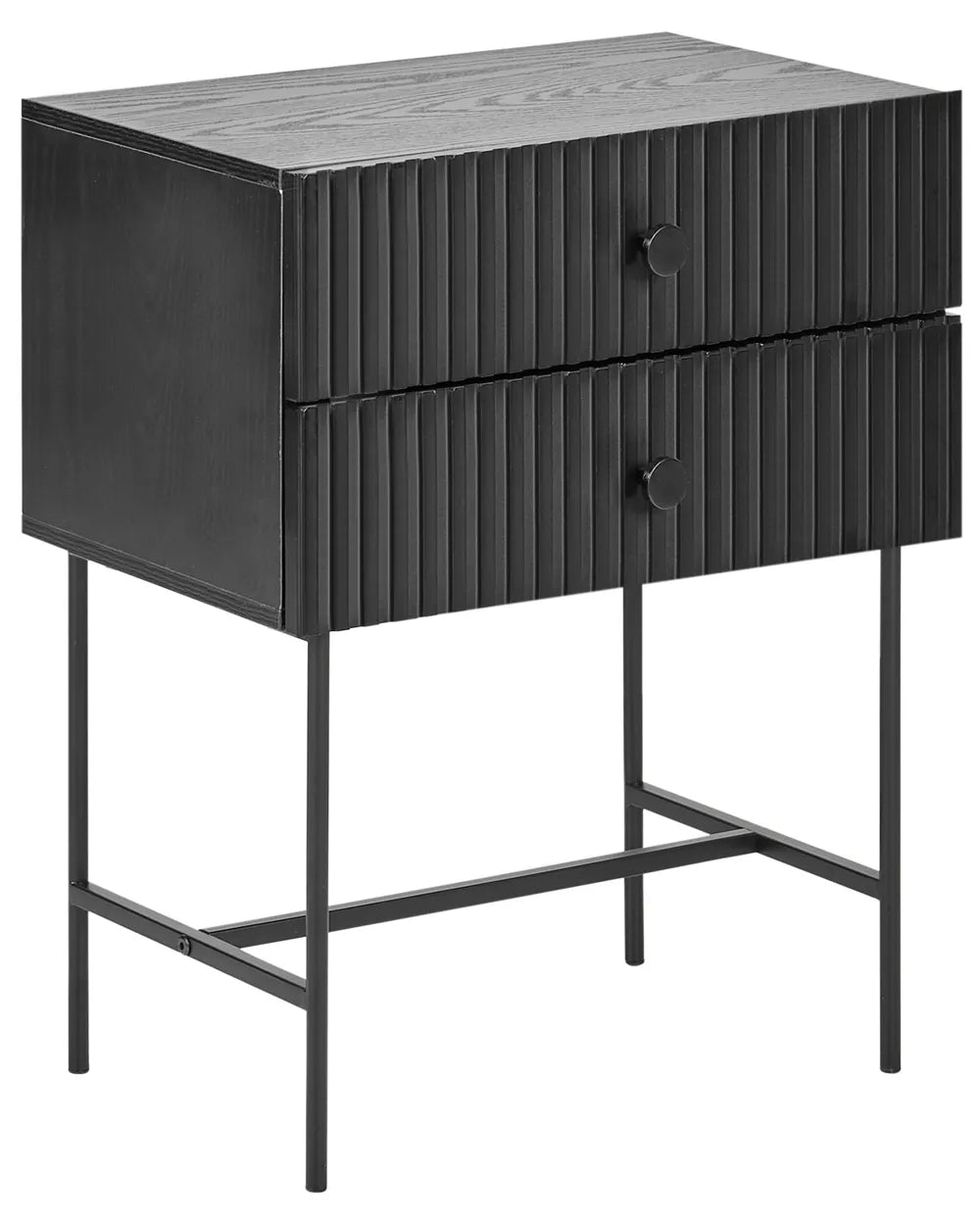 Black metal side table with two drawers on a white background