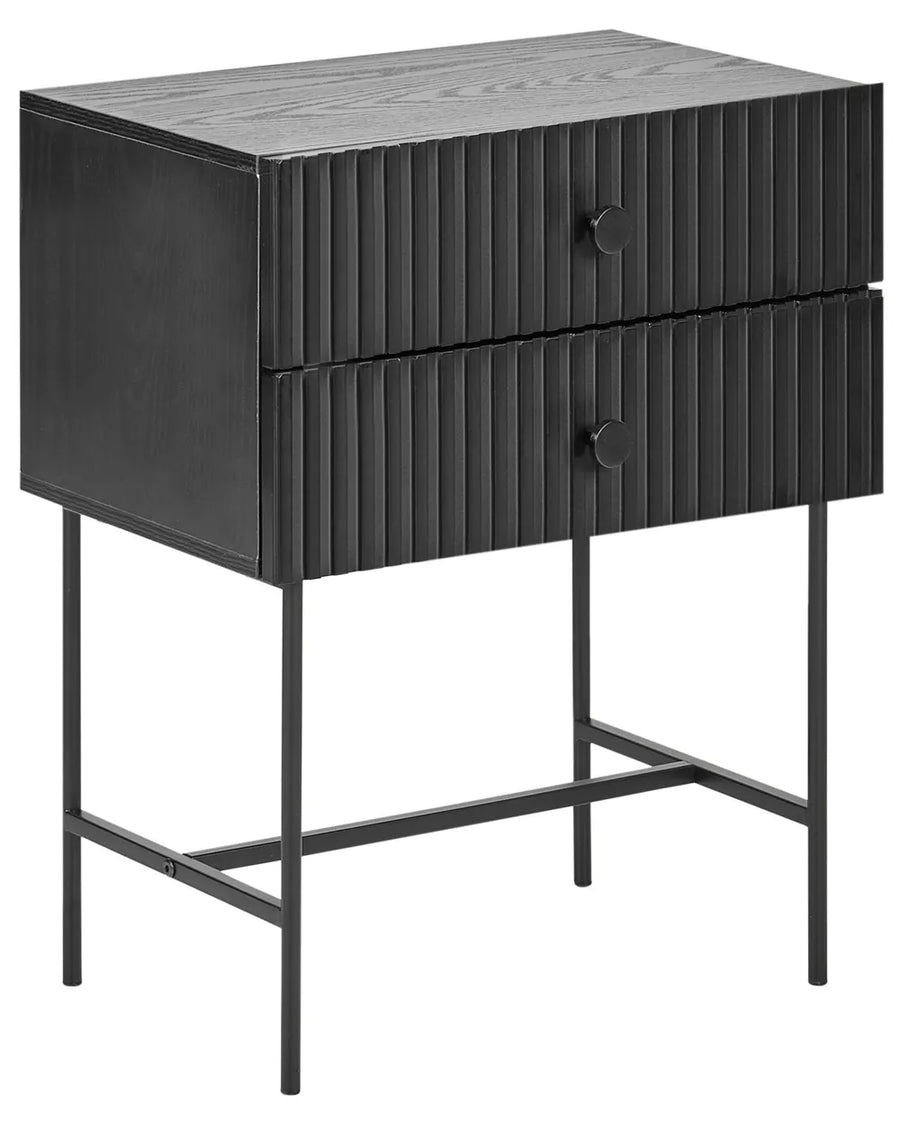 Black metal side table with two drawers on a white background