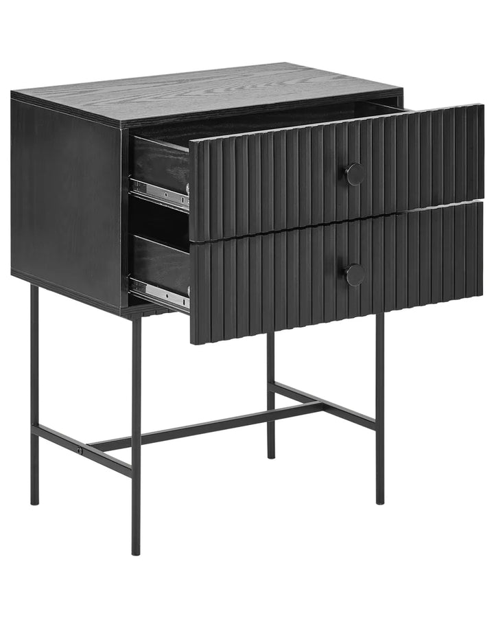 Black metal side table with drawers on a white background