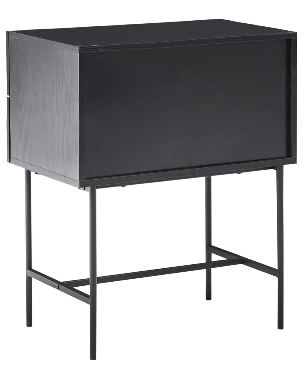 A modern black metal side table or console stand with a rectangular cabinet-like top and slim legs, shown on a plain white background.