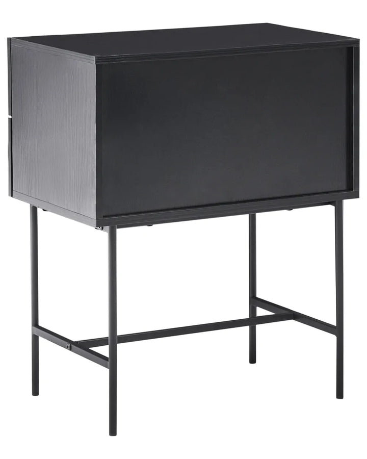 A modern black metal side table or console stand with a rectangular cabinet-like top and slim legs, shown on a plain white background.