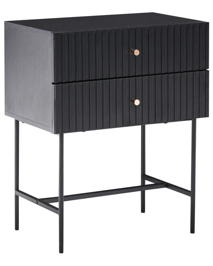 Black side table with two drawers on a white background