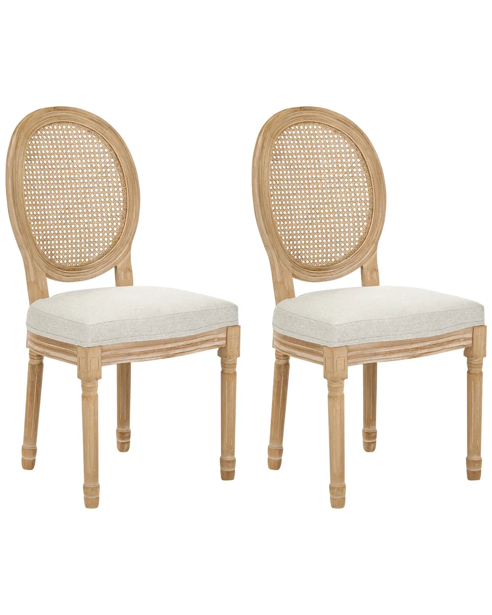 Two matching dining chairs with oval cane backrests and light beige upholstered seats, shown on a plain white background.