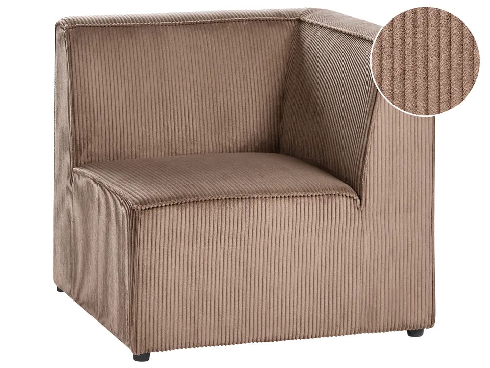 Brown ribbed armchair with close-up of texture on a white background