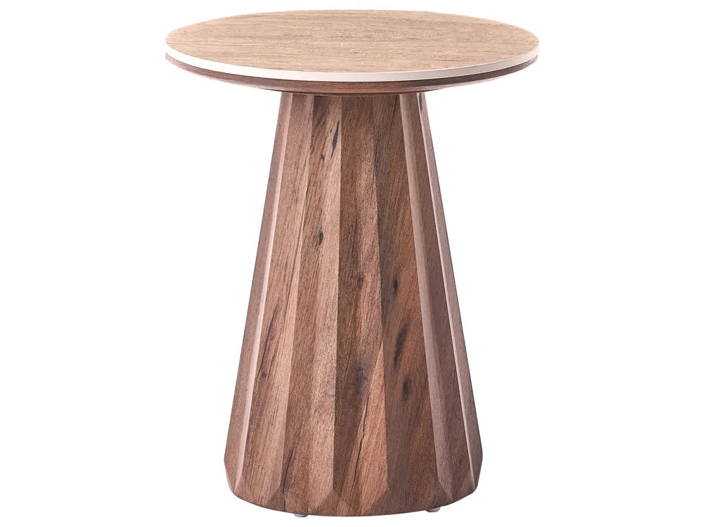 A modern round side table with a light natural wood top and a faceted, tapered wooden pedestal base in medium brown tones, shown on a plain white background.