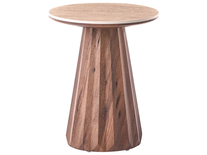 A modern round side table with a light natural wood top and a faceted, tapered wooden pedestal base in medium brown tones, shown on a plain white background.
