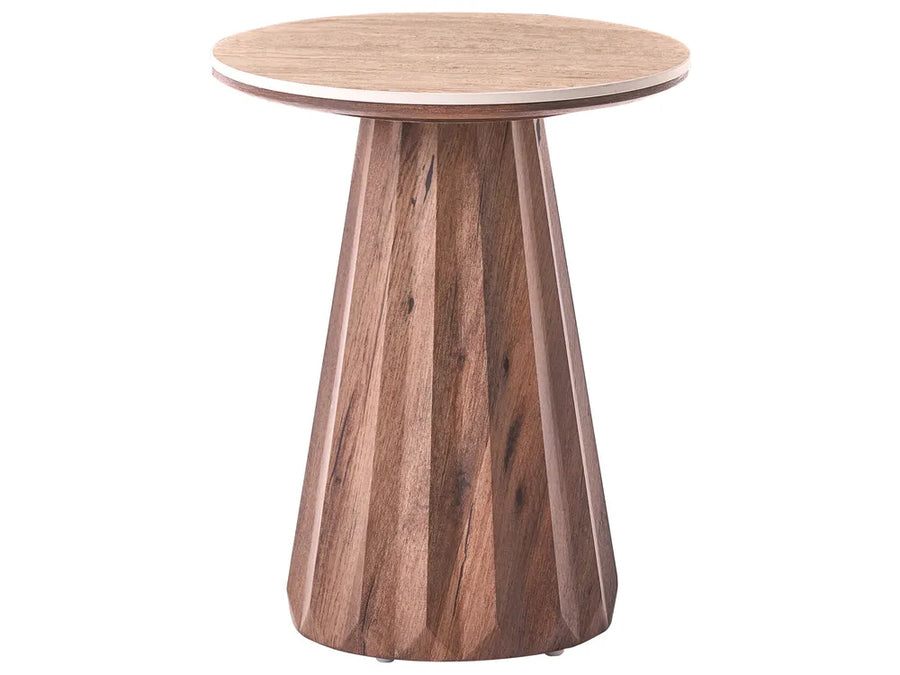 A modern round side table with a light natural wood top and a faceted, tapered wooden pedestal base in medium brown tones, shown on a plain white background.