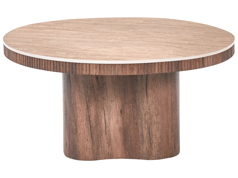 A round coffee table with a light natural wood top and a darker brown wood pedestal base, shown on a solid white background.