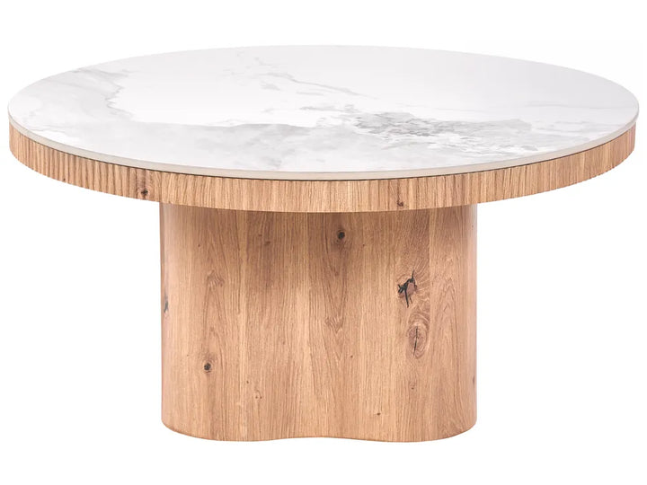 A round coffee table with a white and gray marble top and a natural oak wood pedestal base, shown on a solid white background.