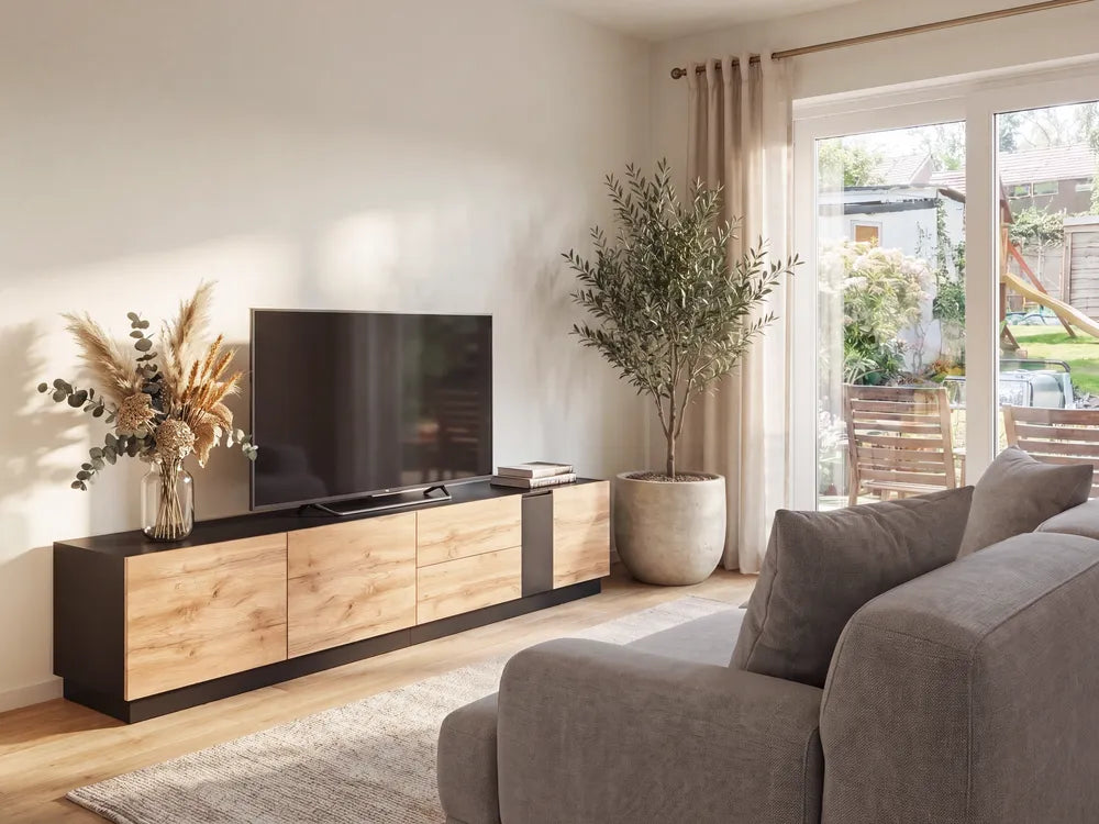 A modern living room scene featuring a low wooden TV console with black side panels and a black flat-screen TV on top, styled next to a gray sofa and a large potted tree near a bright window.
