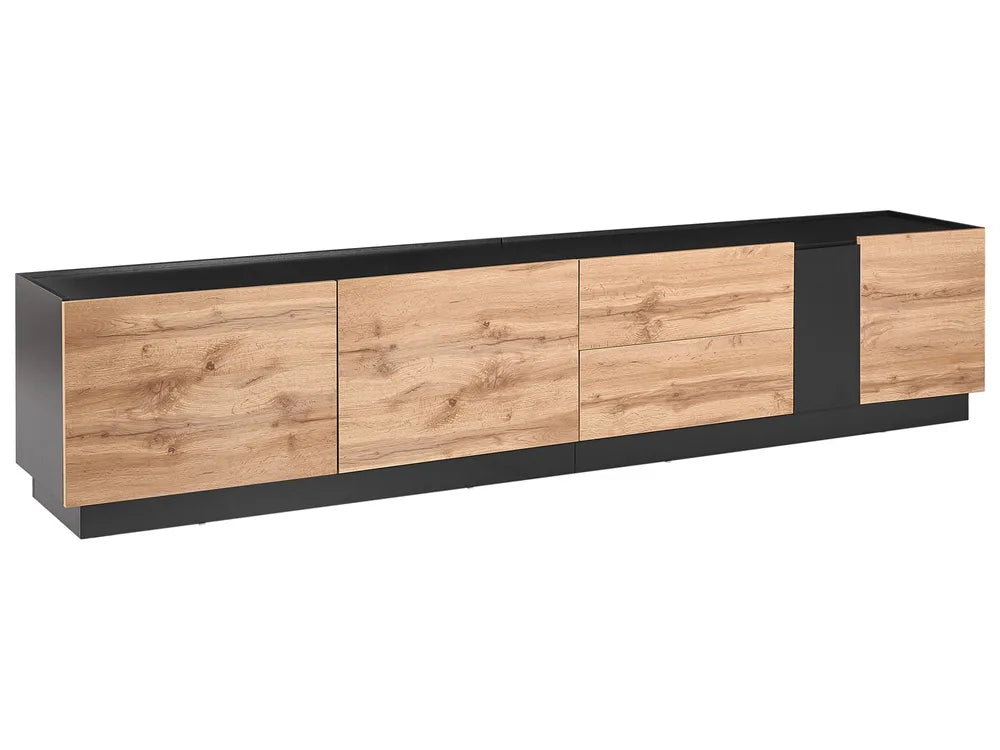 A modern long sideboard or media console with light oak wood grain doors and a black metal frame and base, shown on a plain white background.