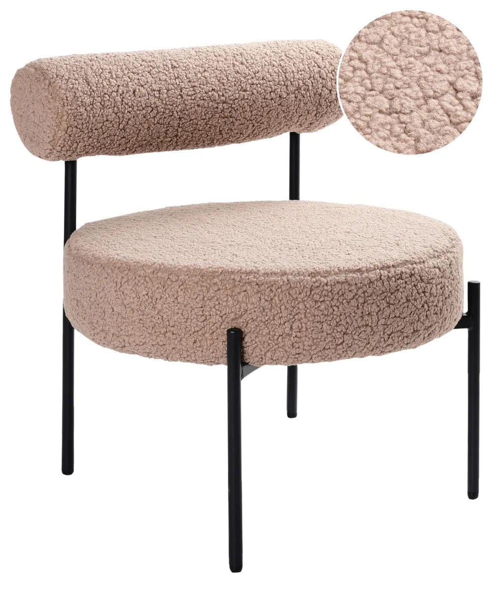 A modern low-profile lounge chair upholstered in a textured bouclé fabric, featuring a circular seat, a curved cylindrical backrest, and slim black metal legs. A circular inset in the top right shows a close-up of the bouclé texture.
